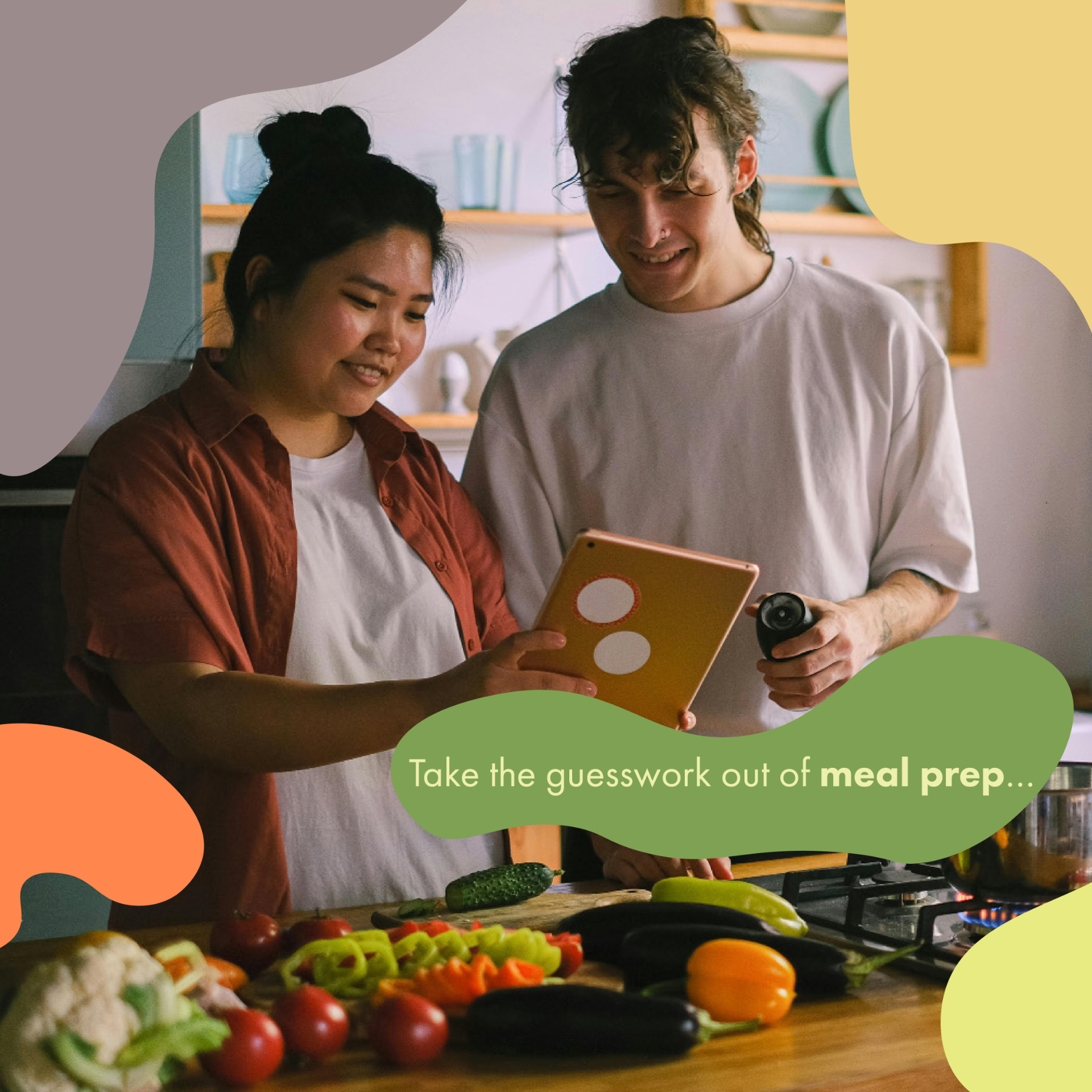 Fresh Fare Farms Instagram post first slide a couple looking at an ipad while cooking at kitchen counter "Take the guesswork out of meal prep..."