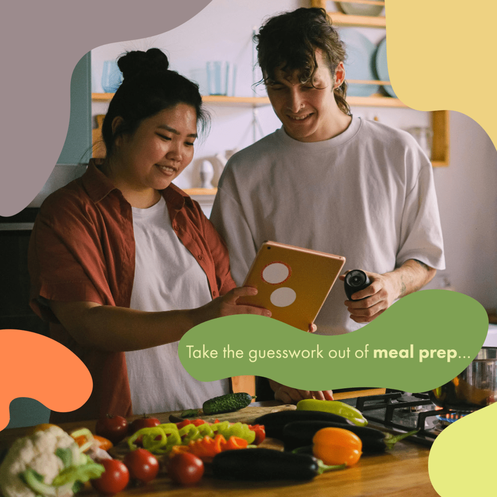 Fresh Fare Farms Instagram post first slide a couple looking at an ipad while cooking at kitchen counter "Take the guesswork out of meal prep..."